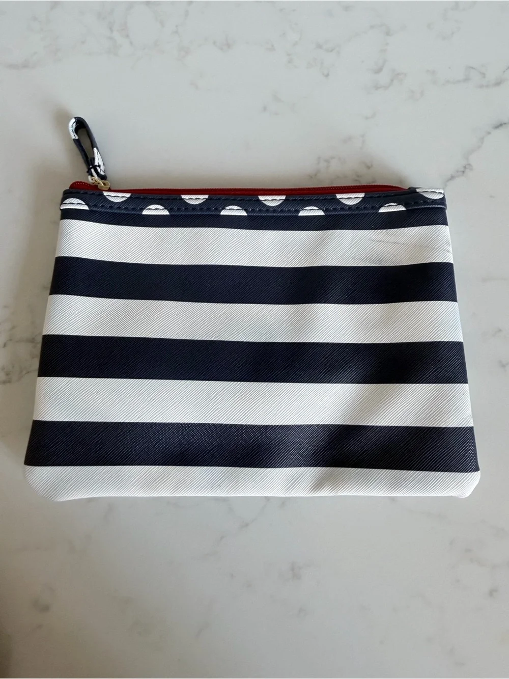 Striped Navy and White Zip Pouch with Red Lining